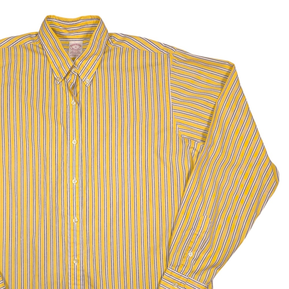 Brooks Brothers Makers Shirt Mens 16 Yellow Blue Stripe Cotton Button Down USA